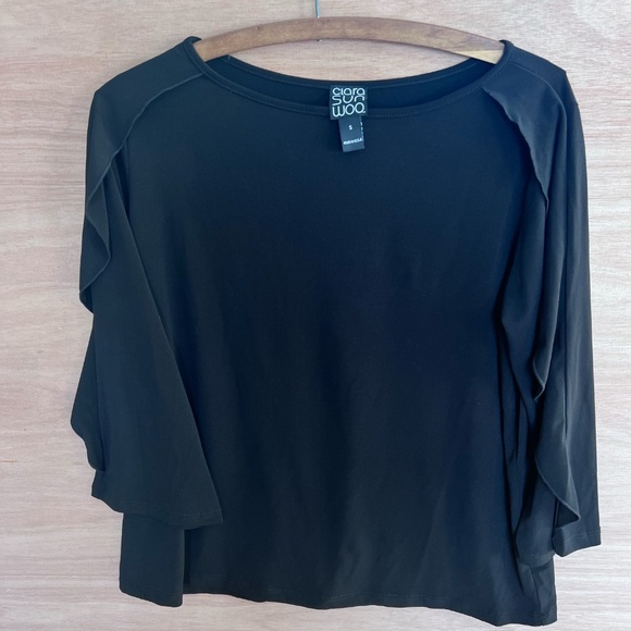 Clara Sun Woo 2 top bundle sz S small black stretch cold shoulder ruffles USA - Picture 2 of 7